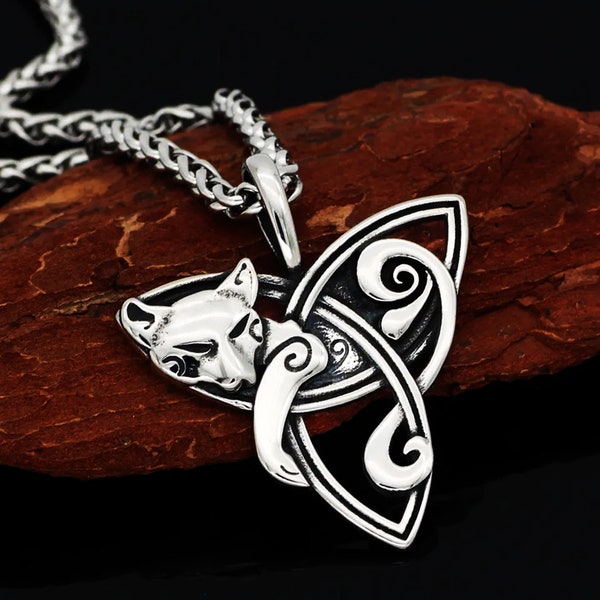 Triquetra Fox Triangle Knot Pendant Necklace, Solid Stainless Steel Celtic Scottish Fox Chain Necklace - Fast & Free Shipping within the US!