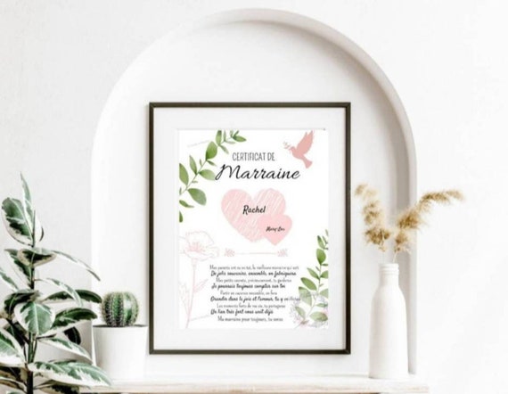CERTIFICAT Marraine coeurs rose fleurs feuilles - Etsy France