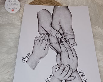 Poster - Drawing - 3 child's hands - customizable - unique gifts - surprise - black and white