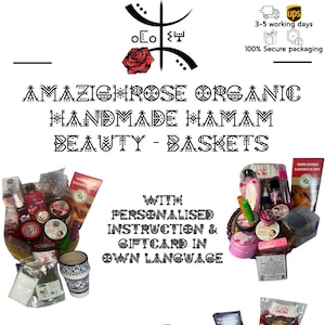 May include: Three wicker baskets filled with various bath and body products, including soaps, lotions, and oils. The baskets are arranged on a white background. The text "AMAZIGHROSE ORGANIC HANDMADE HAMAM BEAUTY - BASKETS" is displayed above the baskets.