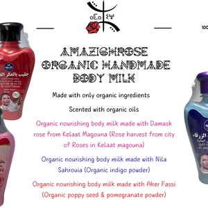 May include: Three bottles of organic body milk with rose, indigo, and poppy seed & pomegranate scents. The bottles are labeled in Arabic and English with the brand name "La Vallee".