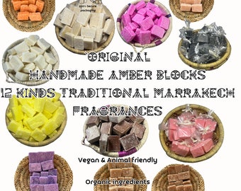 Blocos de âmbar originais, uma mistura de 12 fragrâncias fortes e originais de Marrakech. Fragrância oriental em blocos de âmbar e almíscar, ideal para perfumar a casa e presentear com um toque único.