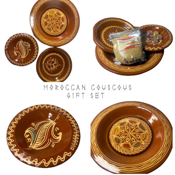 Handgemachter marokkanischer Couscous Teller 3er Set Teller mit kostenlosen Kräutern und Bio-Couscous