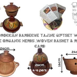 Puede incluir: Un juego de cocina de tajine marroquí con una cesta tejida, tarjetas de recetas y hierbas orgánicas gratuitas. La tagine tiene un diámetro de 25 cm y está hecha de terracota. El juego es perfecto para cocinar platos marroquíes tradicionales.