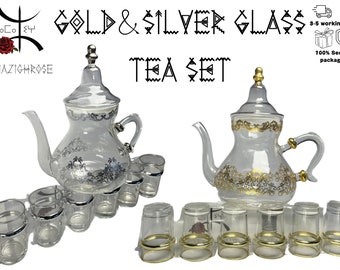 Amazighrose Glass Tea set with unique decoration with 6 matching beldi glasses, Gold or Silver set , Moroccan glass teapot 1,5 liter