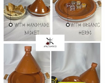 Tajine fait main en argile, épices marocaines bio, tajine en céramique pour la cuisine, cuisine marocaine, fait main, avec des herbes aromatiques, panier tressé, inclus
