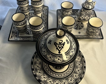 Handpainted Moroccan Ceramic Serving Set, Teapot, Tagine, Juice Set