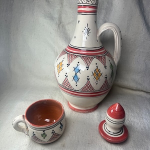 Moroccan traditional handmade Berber clay carafe with 1 matching Mug