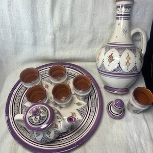Moroccan-painted ceramic teapot set complete with 6 glasses and hand-painted tray & with handpainted carafe