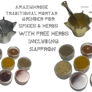 Amazighrose Handmade Metal Mortar – Traditional Moroccan Grinder for Spices & Herbs, with free herbs including saffron, 5cm * 5 cm * 4cm