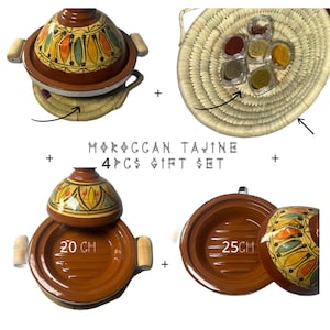 Handmade Moroccan Ceramic Tagine Gift Set with Free Spices, handmade woven coaster, basket and customized Recipe