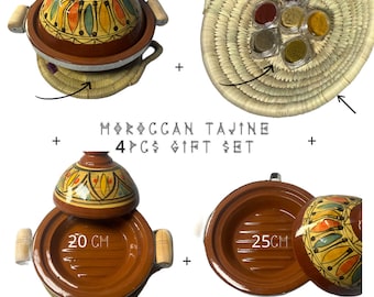 Handmade Moroccan Ceramic Tagine Gift Set with Free Spices, handmade woven coaster, basket and customized Recipe