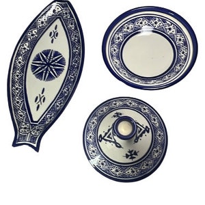 Moroccan handmade ceramic tagine set with fish-shaped serving plate