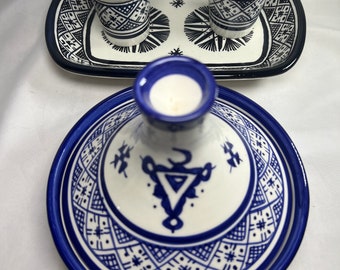 Moroccan serving table dark blue set water & juice  set with tagine serving ceramic