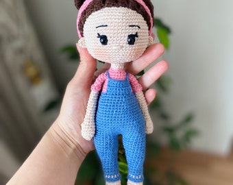 Crochet Doll in Overalls for Sale, Amigurumi Doll, Handmade, First Toy for Your Baby, Playmate and Keepsake for 1st Birthday Gift, Baby Toy