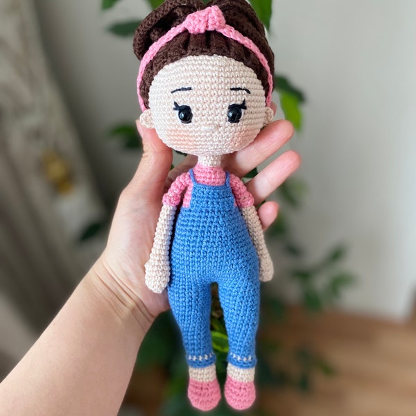 Crochet Doll in Overalls for Sale, Amigurumi Doll, Handmade, First Toy for Your Baby, Playmate and Keepsake for 1st Birthday Gift, Baby Toy