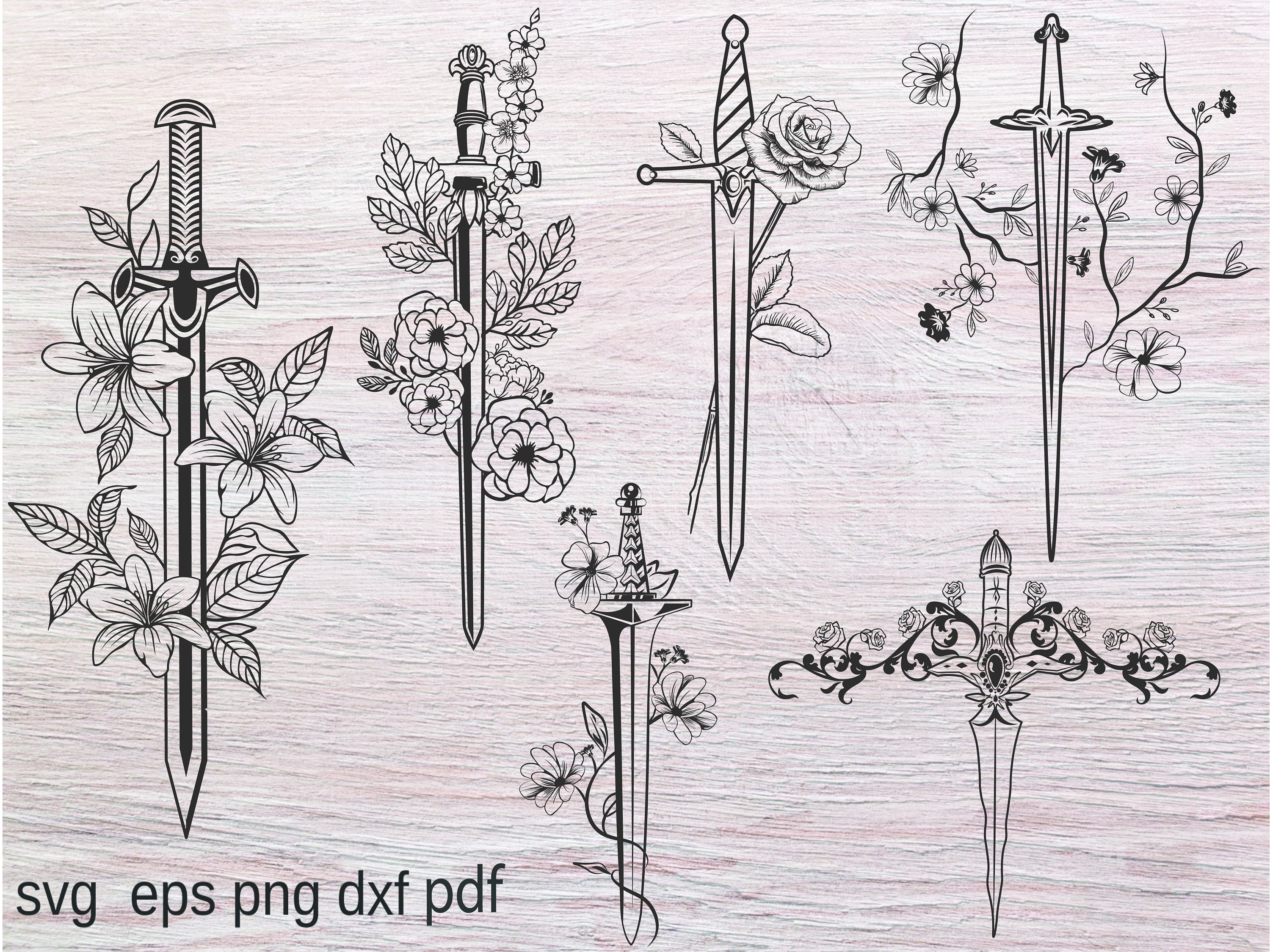 Sword and Flowers Svg Knife Svg Flower Sword Svg File Etsy Canada