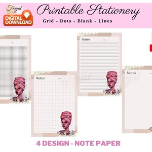 Printable Note Paper Afro Girl, Afro Girl Dotted Paper, Printable Stationery Afro Girl, Afro Girl Stationery, Digital Download Afro Girl