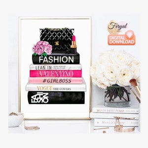 Blush Fashion Books On Pink Flower Wall - Art Print