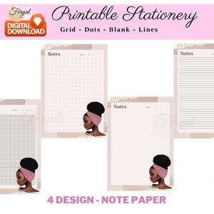 Op de afbeelding: Printbaar briefpapier met vier notitiepapierontwerpen: raster, stippen, blanco en lijnen. Elk ontwerp bevat een illustratie van een vrouw met een roze hoofddoek. Beschikbaar als digitale download in PDF-formaat.