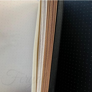 May include: Close-up of a stack of dot grid notebooks with varying paper colors. The notebooks have a cream, white, tan, and black cover. The pages are dotted for journaling or sketching. The word "Ferri" is visible on the cover.