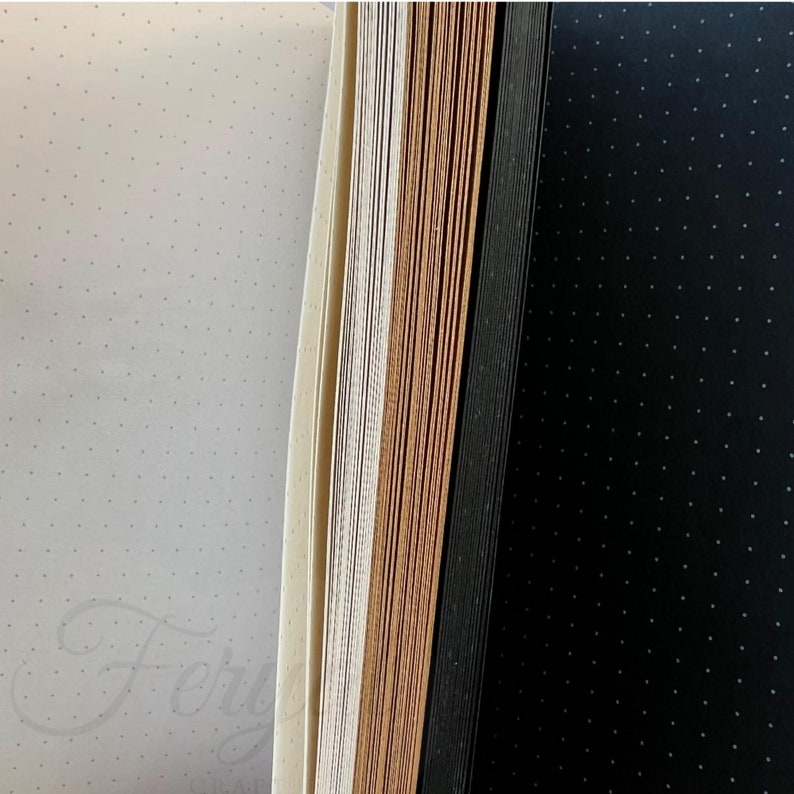May include: Close-up of a stack of dot grid notebooks with varying paper colors. The notebooks have a cream, white, tan, and black cover. The pages are dotted for journaling or sketching. The word "Ferri" is visible on the cover.
