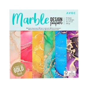 Op de afbeelding: Een pakket marmer designpapier met diverse kleurrijke patronen. Het papier is 15 x 15 cm groot en bevat 24 vellen met 6 ontwerpen. Inclusief 12 vellen met goudfolie.