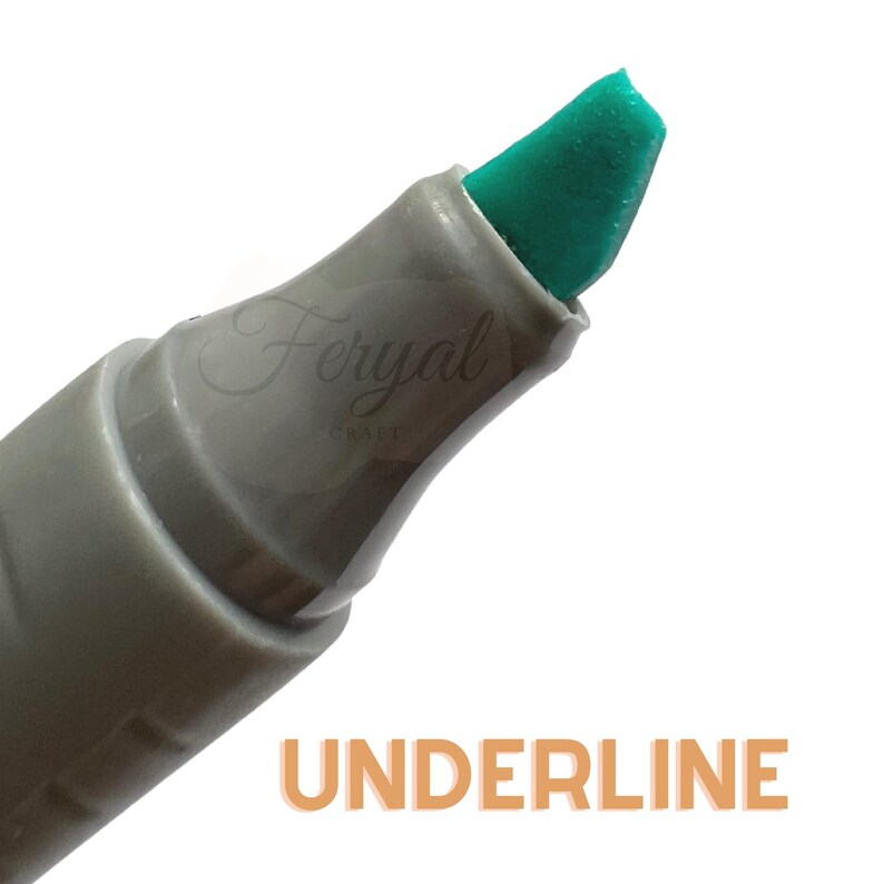 K&ouml;nnte beinhalten: Nahaufnahme eines grauen Markers mit gr&uuml;ner Spitze. Das Wort "UNDERLINE" ist orangefarben am unteren Bildrand aufgedruckt. Der Marker ist zum Markieren oder Unterstreichen von Text gedacht.