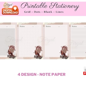 Op de afbeelding: Printbaar briefpapier met vier ontwerpen: raster, stippen, blanco en gelijnd. Elke pagina bevat een decoratieve illustratie van een vrouw met een bloemenhoofddeksel. De set is gelabeld "4 DESIGN - NOTE PAPER".