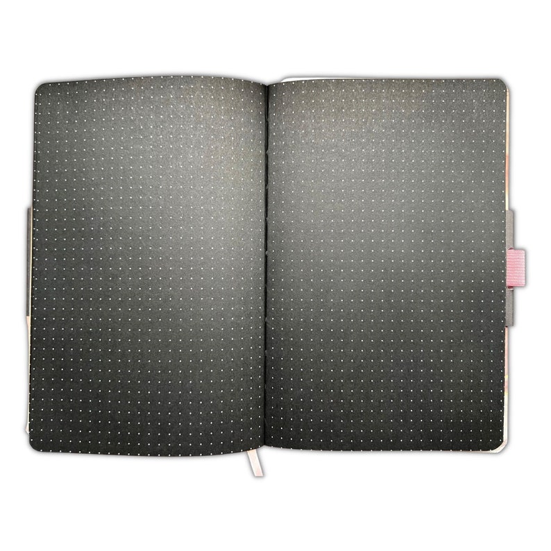 May include: Open notebook with dark gray dotted pages. The notebook is open, revealing two facing pages filled with small white dots. A pink ribbon bookmark and a pink tab are visible on the right side.