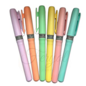 K&ouml;nnte beinhalten: Eine Sammlung von sechs pastellfarbenen Stiften. Die Stifte sind diagonal angeordnet und zeigen eine Reihe von Farben, darunter Lavendel, Pfirsich, Mintgr&uuml;n, Gelb, Rosa und T&uuml;rkis. Jeder Stift hat einen passenden Clip und ein graues Band in der Mitte.