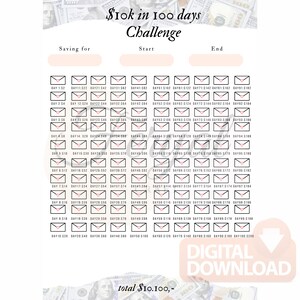 Op de afbeelding: Een digitale download graphic met de tekst "$10k in 100 dagen Challenge." Het ontwerp toont een raster van enveloppen, elk een dag vertegenwoordigend, met ruimte voor spaarbedragen. Bevat de tekst "Digitale download".