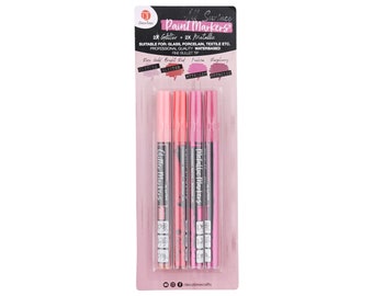 May include: A package of DecoTime paint markers. The package includes four markers: two glitter and two metallic. The markers are pink and have the words "Glitter Markers" and "Metallic Markers" printed on them. The package also includes the text "All Surface Paint Markers".