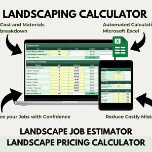 May include: A laptop and smartphone showing a landscaping calculator interface. The laptop displays cost breakdowns and material lists. The smartphone mirrors the data. Text includes "Landscaping Calculator" and "Landscape Job Estimator."
