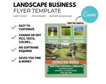Bewerkbare canvassjabloon | Flyer professioneel gazononderhoud | Marketingflyer landschapsarchitectuur | Direct downloaden