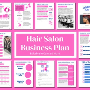 May include: A pink and blue business plan template for a hair salon called "Exquisite Curls". The template includes sections for financials, marketing plan, and business description. The template is editable in Canva and Word.
