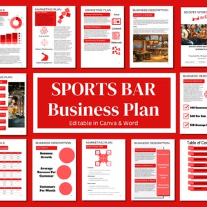 May include: A red and white business plan template for a sports bar. The template includes sections for financials, marketing, and business description. The template is editable in Canva and Word. The template includes a table of contents, a SWOT analysis, and a financial forecast.