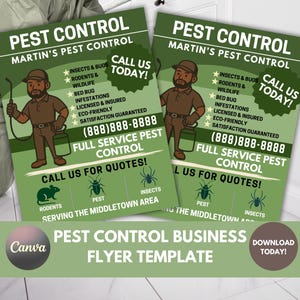 Pest control business flyer template for Canva editable printable exterminator business flyer template green African American cartoon flyer