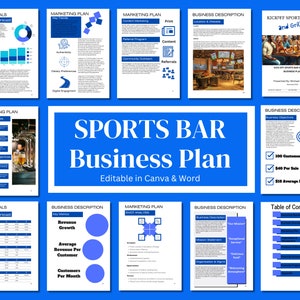 May include: A blue and white business plan template for a sports bar and grill. The template includes sections for financials, marketing, and business description. The template is editable in Canva and Word. The text "Kickoff Sports Bar and Grill Business Plan" is at the top of the page.