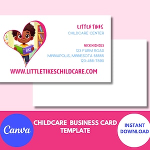 Modelo de cartão de visita para creche infantil com design em forma de coração, modelo editável Canva para download instantâneo rosa e branco