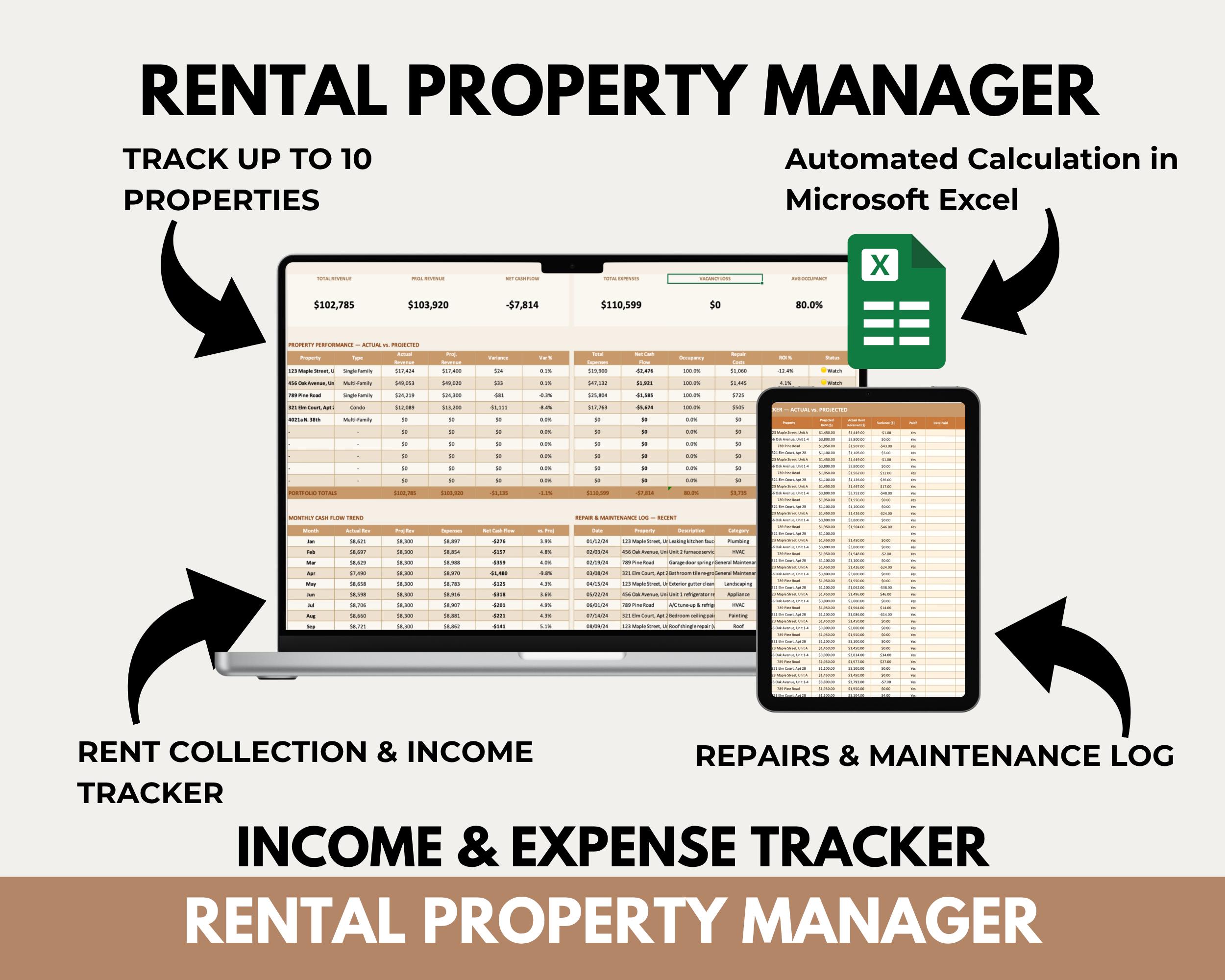 Rental Property Management Spreadsheet, Landlord Income Expense Tracker ...