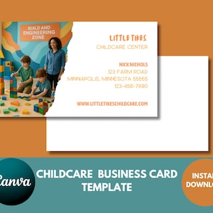 Modelo de cartão de visita para creche para Canva, modelo de negócio inicial fácil de usar para creche, download instantâneo, modelo editável