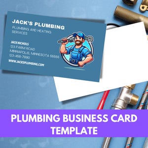Modèle de carte de visite de plomberie instantanée pour Canva Carte de visite de plomberie modifiable à faire soi-même Carte de visite professionnelle bleu blanc facile à modifier