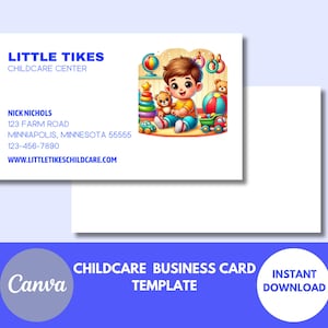 Modelo de cartão de visita para creche com criança brincando com brinquedos de blocos, download de cartão de visita para creche para Canva, editável, download instantâneo