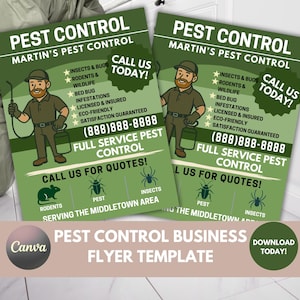 Pest control business pest removal flyer template for Canva editable printable exterminator business flyer template green cartoon flyer diy