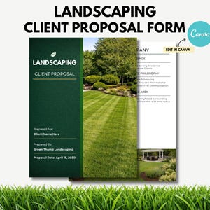 Peut inclure: Un formulaire de proposition client pour l'aménagement paysager avec le texte "LANDSCAPING CLIENT PROPOSAL FORM". Le formulaire a une couverture vert foncé avec les mots "LANDSCAPING CLIENT PROPOSAL". Il comprend une photo d'une pelouse et d'un jardin bien entretenus.