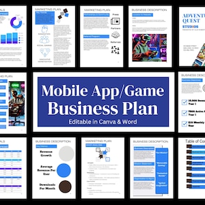 May include: A blue and white business plan template for a mobile app or game. The template includes sections for financials, marketing, and business description. The text "Mobile App/Game Business Plan" is in large, bold white letters on a blue background.