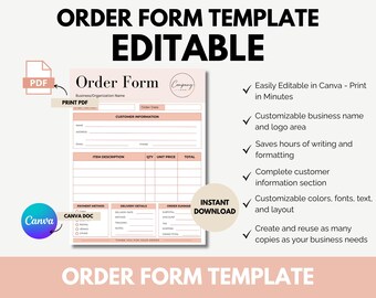 Editable Order Form Template, Canva Order Form, Printable Customer Order Tracker, Small Business Invoice, Digital Download