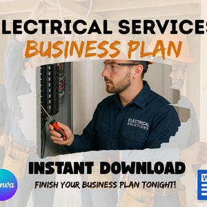 Könnte beinhalten: Eine Businessplan-Vorlage für Elektrikunternehmen. Die Vorlage steht zum sofortigen Download im Word-Dokumentformat zur Verfügung. Das Bild zeigt einen Elektriker, der an einem Sicherungskasten arbeitet.