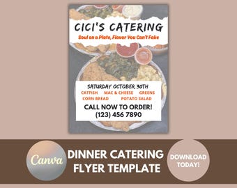 Può includere: Un volantino di catering con il testo "CICI'S CATERING" e "Soul on a Plate, Flavor You Can't Fake". Il volantino elenca le voci del menu: pesce gatto, mac & cheese, verdure, pane di mais e insalata di patate. Include anche un numero di telefono per ordinare.